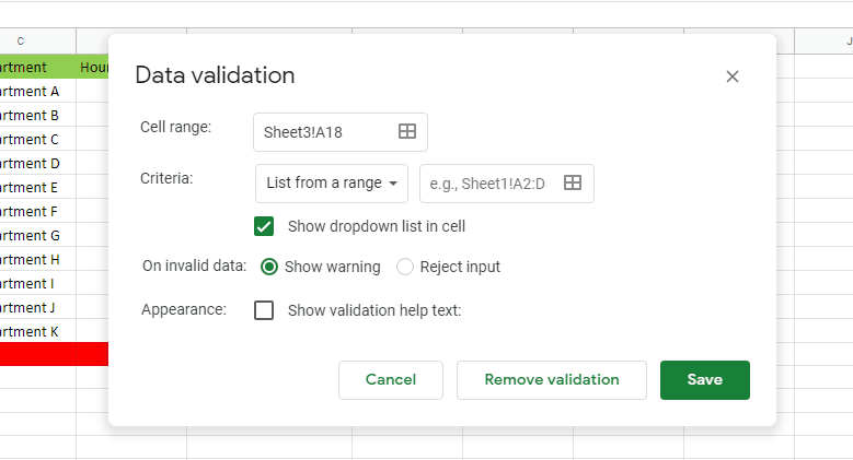 data validations settings dropdown google sheets