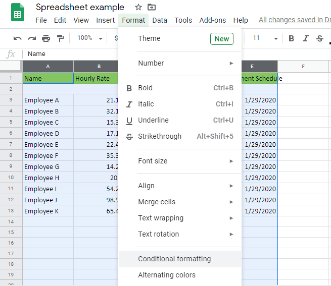 Open conditional formatting